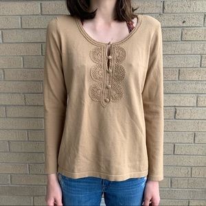 Loft - Knit Embelished Tan Long Sleeve
